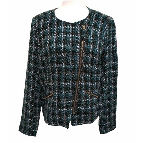 Lucky Brand Collection Size L Tweed Moto Blazer Jacket Teal Blue Black Zip Up - Picture 1 of 13